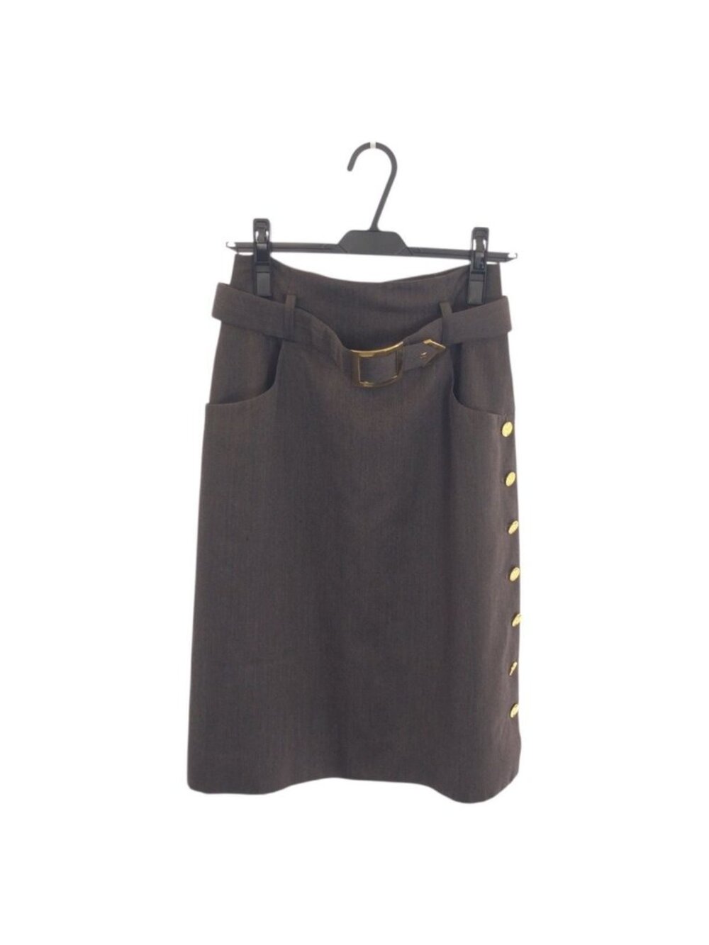 Chanel Vintage Gold Button CC Logo 40 Gray Wool Skirt